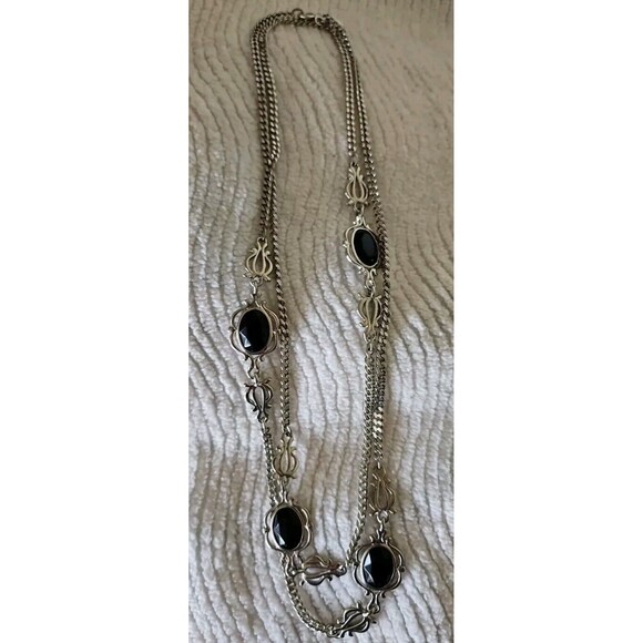 Vintage 1970'S Signed Sarah Coventry Silver & Black Glass Station Necklace 36" - Picture 1 of 6